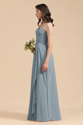 Vestido de dama de honor de gasa fruncido azul polvoriento elegante vestido de fiesta de boda sin mangas con cremallera de corazón largo_4