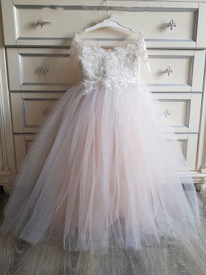 Half Sleeves Tulle Lace Princess Flower Girl Dress Blush Pink Little Girl Dress with Bowtie_5