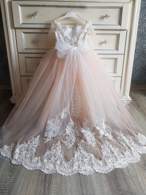 Halbe Ärmel Tüll Spitze Prinzessin Blumenmädchenkleid Blush Pink Kleid für kleine Mädchen mit Fliege_4