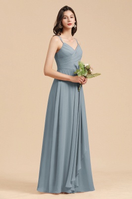 Vestido de dama de honor de gasa fruncido azul polvoriento elegante vestido de fiesta de boda sin mangas con cremallera de corazón largo_3