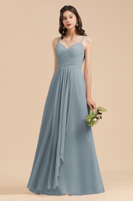 Vestido de dama de honor de gasa fruncido azul polvoriento elegante vestido de fiesta de boda sin mangas con cremallera de corazón largo_5