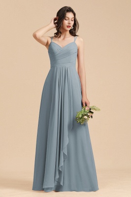 Vestido de dama de honor de gasa fruncido azul polvoriento elegante vestido de fiesta de boda sin mangas con cremallera de corazón largo_7
