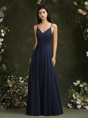 Elegantes ärmelloses Aline Brautjungfernkleid V-Ausschnitt langes Abendkleid_4