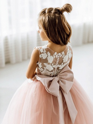 Vestido de primera comunión para niña, apliques de encaje blanco, vestidos de niña de flores de tul rosa polvoriento_7