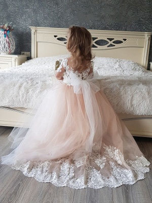Halbe Ärmel Tüll Spitze Prinzessin Blumenmädchenkleid Blush Pink Kleid für kleine Mädchen mit Fliege_3
