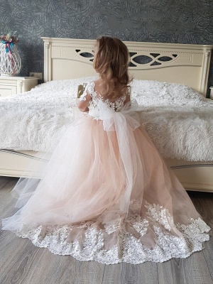 Demi-manches Tulle Dentelle Princesse Fleur Fille Robe Blush Rose Petite Robe Fille avec Noeud Papillon_3