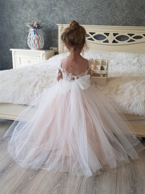 Cute Tulle Lace Little Girl Dress Short Sleeves Bowtie Tutu Birthday Party Dress
