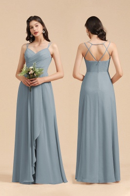 Robe de demoiselle d'honneur en mousseline de soie froncée bleu poussiéreux élégante longue chérie fermeture éclair sans manches robe de soirée de mariage_9