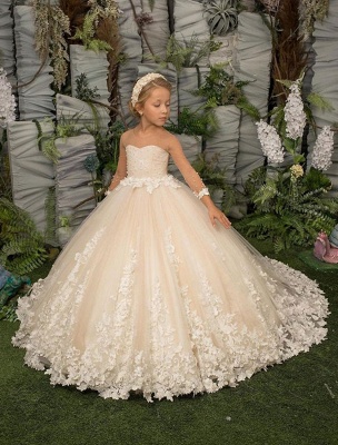 Elegant Long Sleeves Flower Girl Dress Princess Tulle Lace Appliques Pageant Dress_2