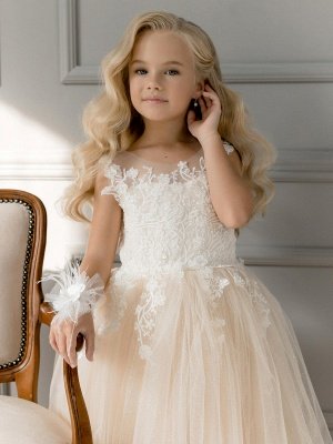 Cute Tulle Champagne Flower Girl Dress Sleevess White Lace Appliques Birthday Party Dress_3