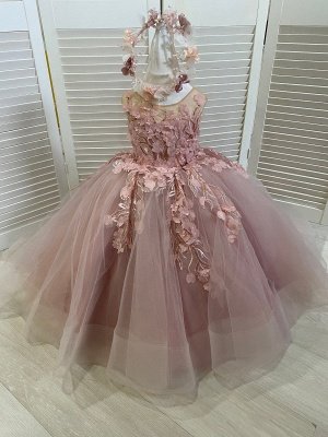 Spitze Tüll Hochzeit Blumenmädchen Kleid Rundhalsausschnitt Prinzessin Erstkommunion Kleid für Mädchen_5