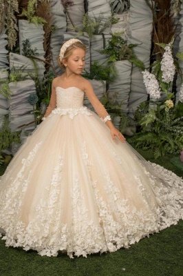 Elegant Long Sleeves Flower Girl Dress Princess Tulle Lace Appliques Pageant Dress_1