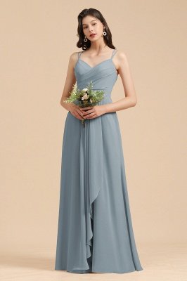 Elegant Dusty Blue Ruched Chiffon Bridesmaid Dress Long Sweetheart Zipper Sleeveless Wedding Party Dress