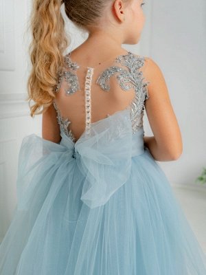 Lovely Sky Blue Tulle Little Girl Dress Crystals Lace Appliques Bowtie Birthday Party Dress_4