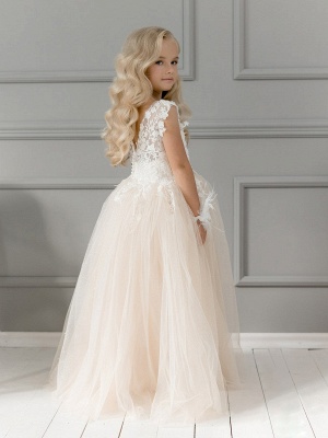 Cute Tulle Champagne Flower Girl Dress Sleevess White Lace Appliques Birthday Party Dress_2