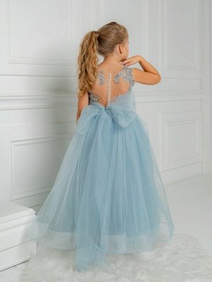 Belle robe de petite fille en tulle bleu ciel avec appliques en dentelle robe de fête d'anniversaire avec nœud papillon_2