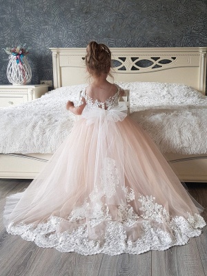 Halbe Ärmel Tüll Spitze Prinzessin Blumenmädchenkleid Blush Pink Kleid für kleine Mädchen mit Fliege