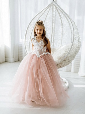 Robe de première communion pour fille Appliques de dentelle blanche Robes de demoiselle d'honneur en tulle rose poussiéreux_4