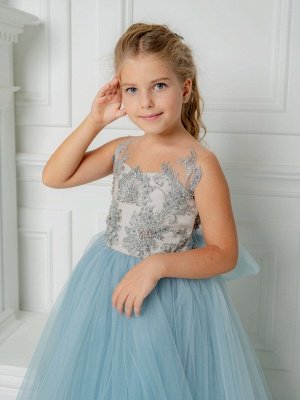 Lovely Sky Blue Tulle Little Girl Dress Crystals Lace Appliques Bowtie Birthday Party Dress_3