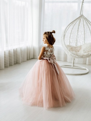 Robe de première communion pour fille Appliques de dentelle blanche Robes de demoiselle d'honneur en tulle rose poussiéreux_6