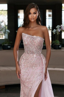 Strapless Glitter Beadings Long Evening Dress Pink Prom Party Dress_2