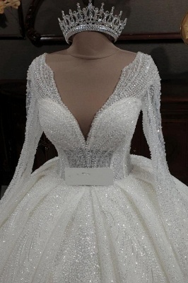 Glitter Wedding Dresses with Long Sleeves V-Neck Sequins Aline Bridal Dress_3