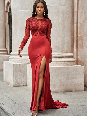 Charming Red Mermad Side Slit Evening Dress with Sleeves Floral Lace Appliques_1