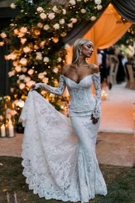 Romantic Off Shoulder Long Sleeves Mermaid Wedding Dress Floral Lace Bridal Dress_1