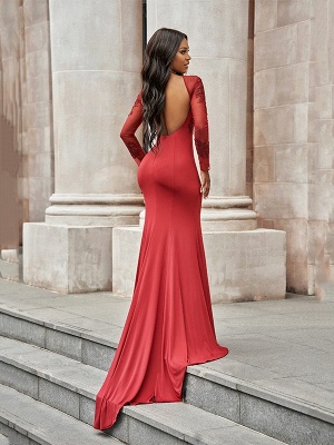 Encantador vestido de noche con abertura lateral sirena roja con mangas Apliques de encaje floral_3