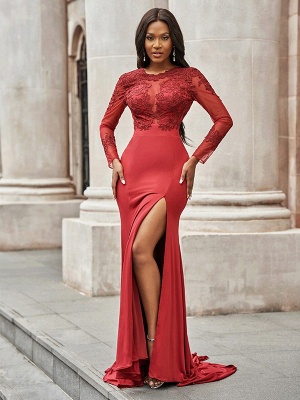 Charming Red Mermad Side Slit Evening Dress with Sleeves Floral Lace Appliques_2