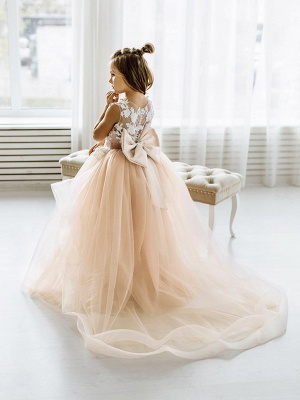 Robe de première communion pour fille Appliques de dentelle blanche Robes de demoiselle d'honneur en tulle rose poussiéreux_2