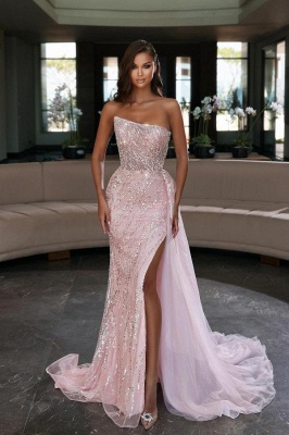 Strapless Glitter Beadings Long Evening Dress Pink Prom Party Dress_1