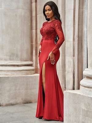 Charming Red Mermad Side Slit Evening Dress with Sleeves Floral Lace Appliques_4