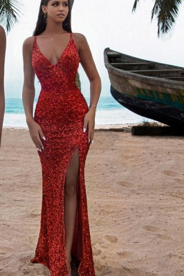 Red Sparkly Sequins Long Prom Dress V-Neck Mermaid Evening Maxi Dress_2