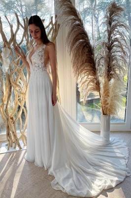 Elegante vestido de novia de encaje floral con cuello en V Vestido de novia Aline sin espalda_1