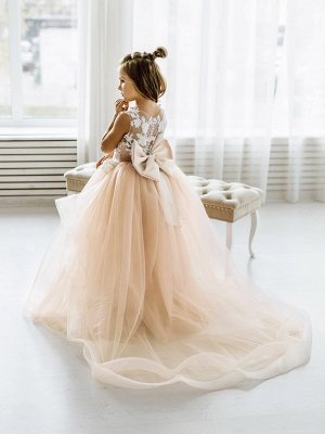 Vestido de primera comunión para niña, apliques de encaje blanco, vestidos de niña de flores de tul rosa polvoriento_2