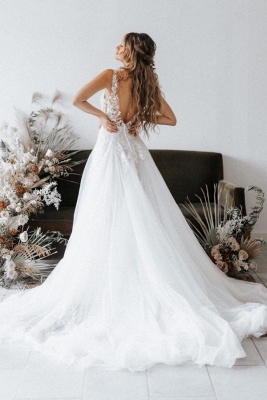 Stylish Tulle Lace Wedding Dress Sleeveles V-Neck Bridal Dress_2