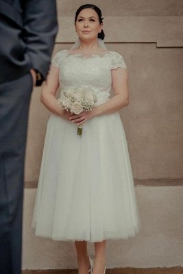 Elegant Tulle Lace Ankle Wedding Dresses Cap Sleeves Bridal Dress for Women_1
