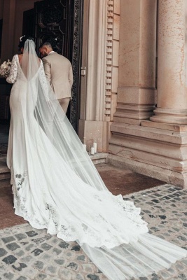 Élégante robe de mariée blanche longue sirène à manches longues_2