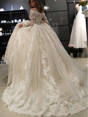Precioso vestido de novia con hombros descubiertos y mangas largas ALine con apliques florales_4
