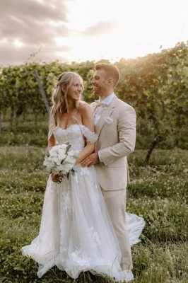 Vestido de novia largo sencillo con encaje de tul y hombros descubiertos_7