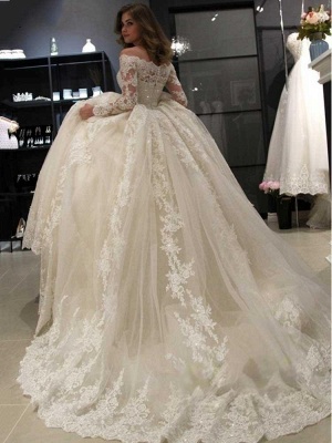 Precioso vestido de novia con hombros descubiertos y mangas largas ALine con apliques florales_2