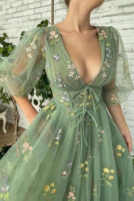 Puffy Half Sleeves V-Neck Casual Wear Formal Dress Floral Embroidery Tulle A-Line Evening Party Dress_2