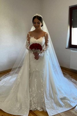 Gorgeous White Mermaid Bridal Gown Tulle Lace Wedding Dress Long Sleeves
