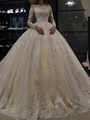 Gorgeous Off Shoulder Long Sleeves ALine Ball Gown Floral Appliques Bridal Dress_3