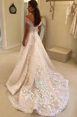 Elegantes Aline-Hochzeitskleid mit Flügelärmeln und floralen Spitzenapplikationen, Brautkleid für Frauen_2