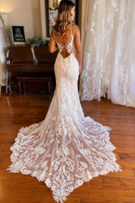 Elegant White Floral Lace Mermaid Wedding Dress V-Neck Bridal Dress_4