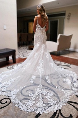 Elegant Sleeveless V-Neck Floral Lace Mermaid Bridal Gown Backless Long Wedding Dress_3
