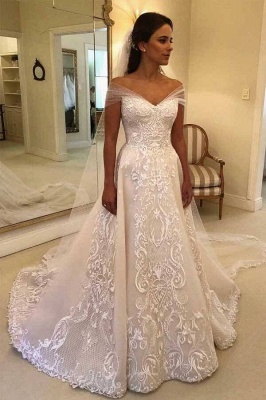 Elegantes Aline-Hochzeitskleid mit Flügelärmeln und floralen Spitzenapplikationen, Brautkleid für Frauen_1