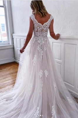 Elegant Floral Lace Aline Wedding Dress Long Cap Sleeves Dress for Bride_2